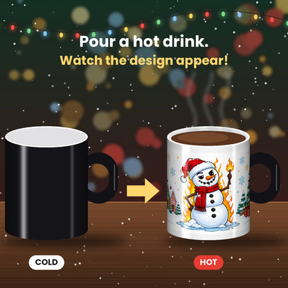 Black magic mug cold vs hot with Christmas snowman design revealed