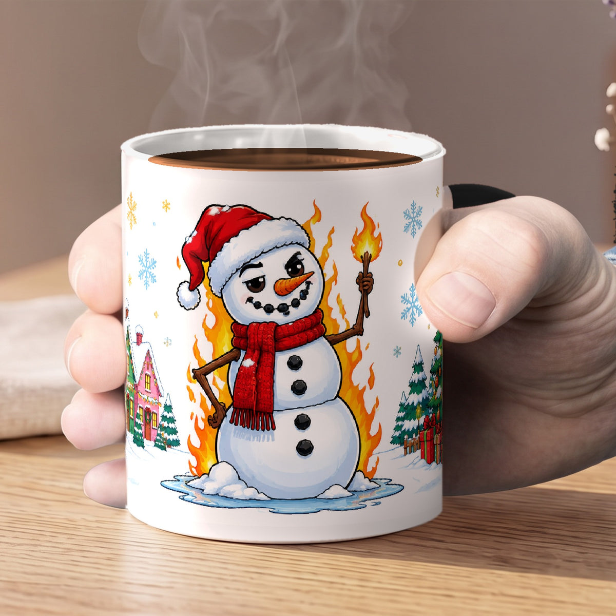 Cool 3D Christmas magic mug held in hand, snowman design
