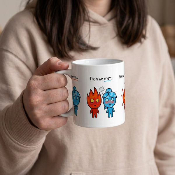 Perfect Together fire and water love mug on a cozy table