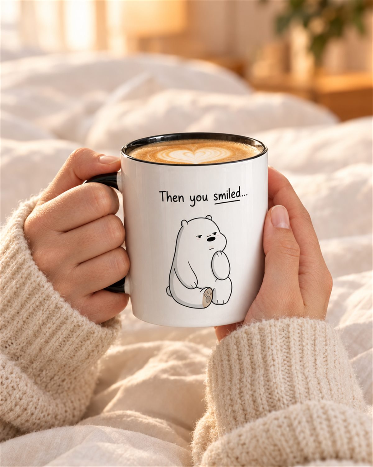 Then You Smiled bear mug held in cozy morning light